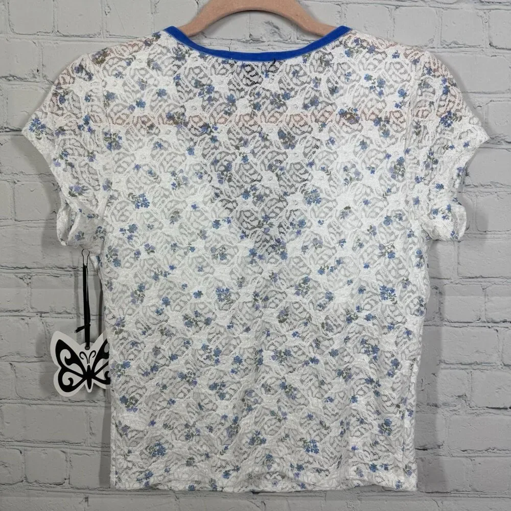 Coquette Y2K Sheer Lace Floral Blouse Junior Large Blue Trim Bow Top Romantic